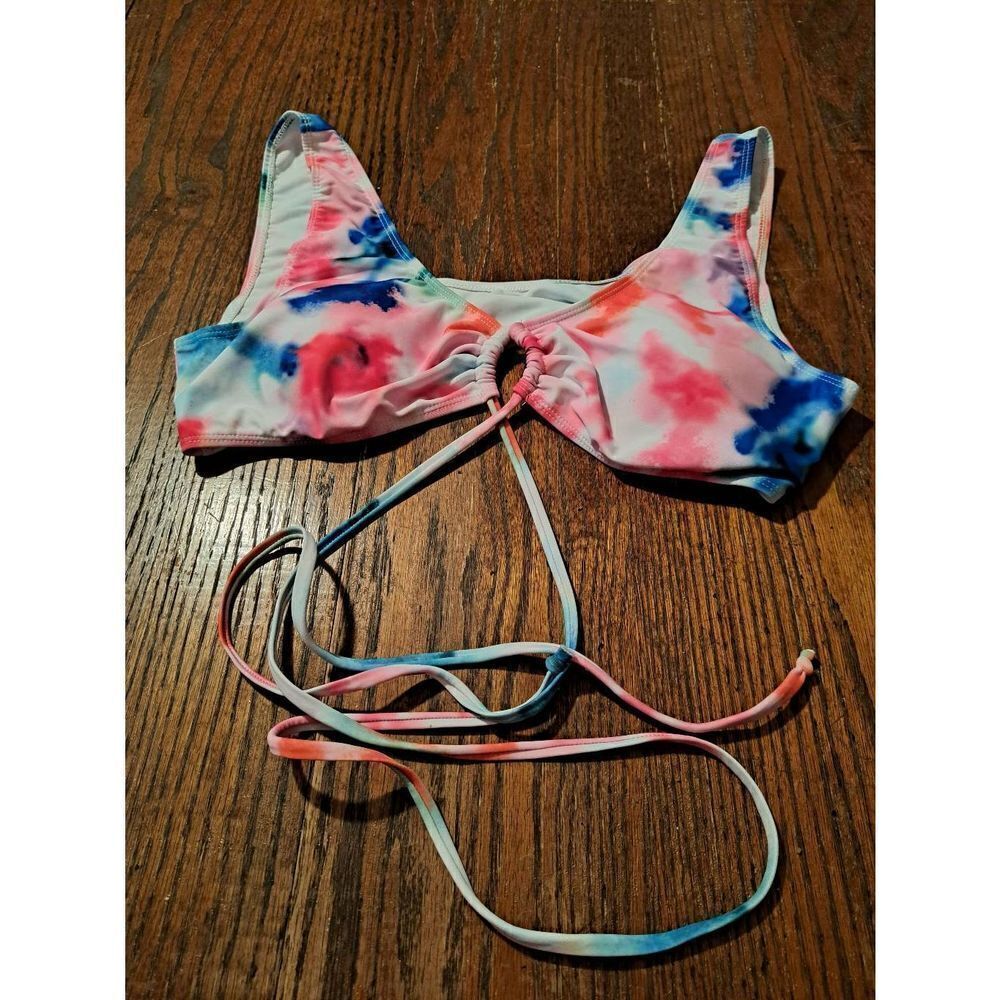 Large Tie Dye Strappy Lace Up Bikini Swimsuit Bathing Suit Swimwear Top Shirt